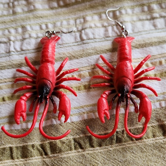Red Lobster Novelty Drop Earrings Handmade Feom Kids Plastic Toys - Picture 2 of 5
